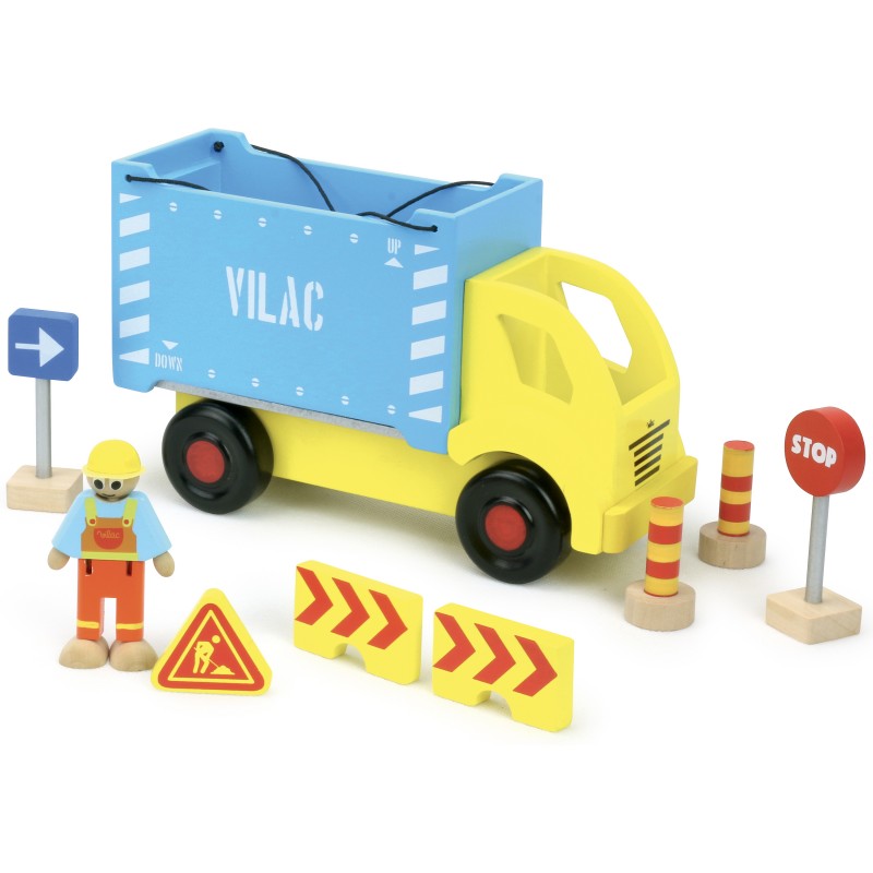 CAMION PORTE-CONTENEUR EN BOIS AVEC ACCESSOIRES DE CHANTIER VILACITY
