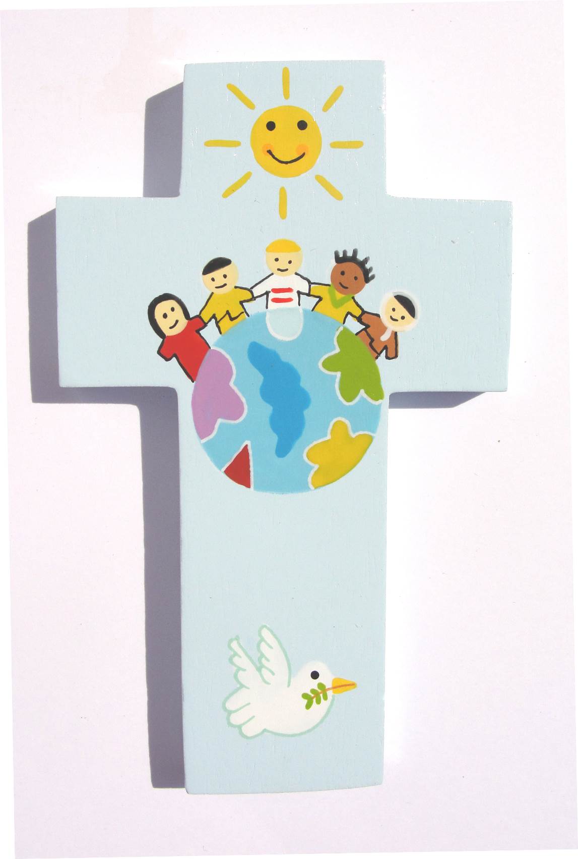 CROIX EN BOIS COLORE  LES ENFANTS DU MONDE  BLEU  12.5 *8 CM