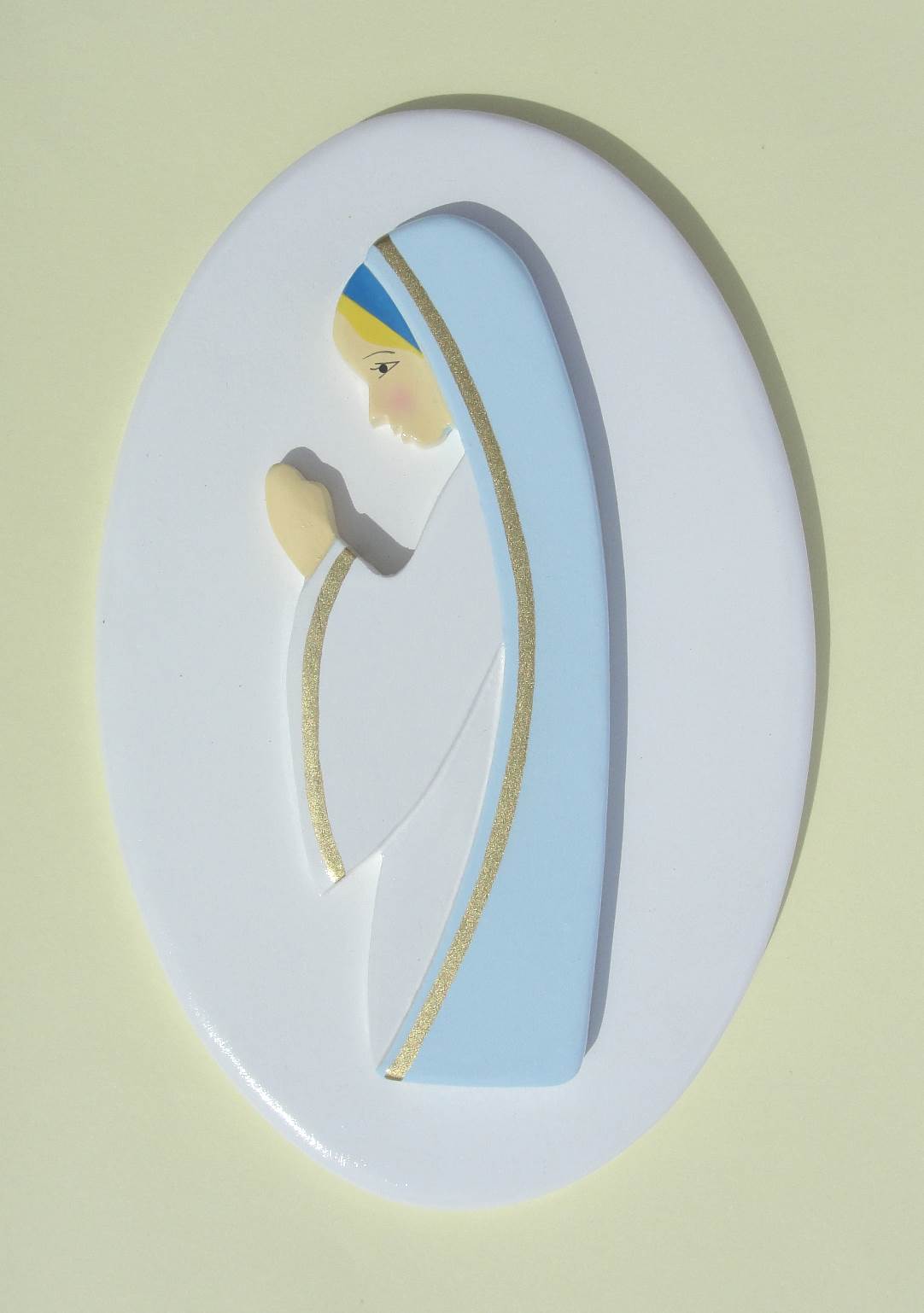VIERGE EN BOIS COLORE BLEUE SOCLE BLANC