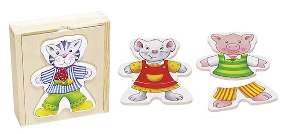 BOITE-PUZZLE, ANIMAUX RIGOLOS A HABILLER EN COFFRET BOIS
