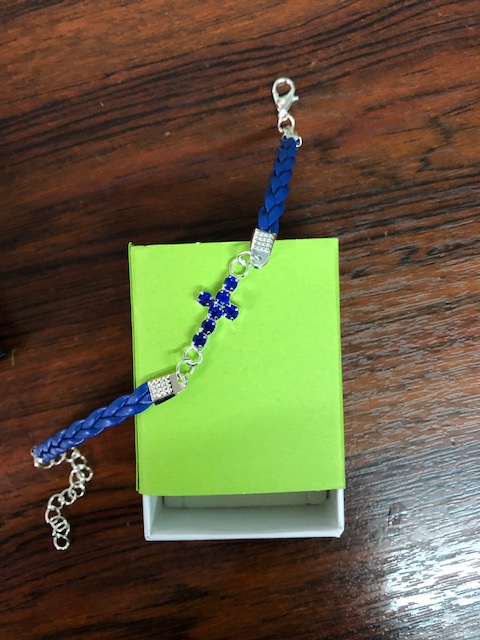 BRACELET METAL ARGENTE SIMILI CUIR BLEU CROIX STRASS BLEU